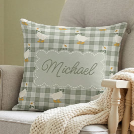 Cojín Decorativo Sage Green Gingham Goose Custom Name Nursery