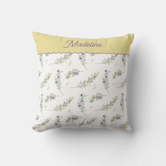 Cojín Decorativo Sage Green Olive Branch Pattern Monogram Name (Anverso)