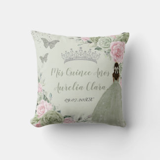 Cojín Decorativo Sage Green Pink Floral Silver Quinceañera Keepsake