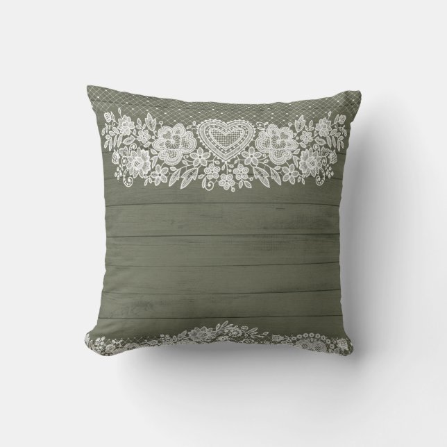 Cojín Decorativo Sage Green Rustic Wood & White Lace Lacy Farmhouse (Anverso)