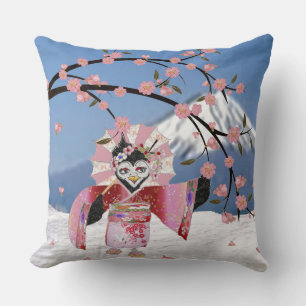 Cojín Decorativo Sakura Geisha Pájaro en la Nieve Flor de Cerezo