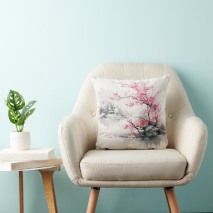 Cojín Decorativo Sakura sobre pintura de tinta del lago