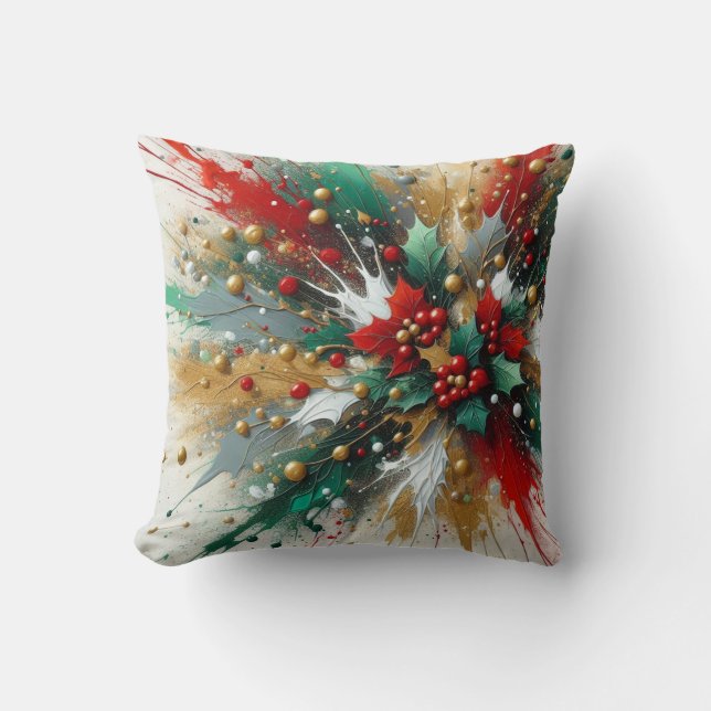 Cojín Decorativo Salpicaduras de Navidad / Hojas de Acebo (Anverso)
