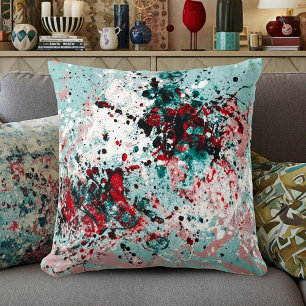 Cojín Decorativo Salpicaduras rojas y azul verdoso