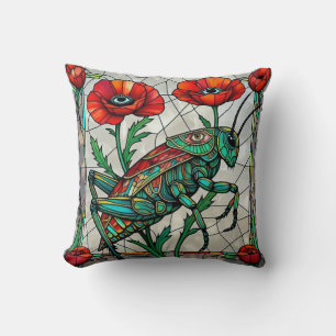 Cojín Decorativo Saltamontes grillo vidrio emplomado amapola flor o