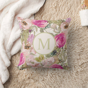 Cojín Decorativo Salto verde rosado de salvia floral Monograma inic