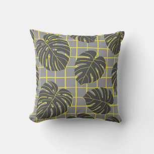 Cojín Decorativo Saltos de Monstera: Resumen moderno amarillo-gris