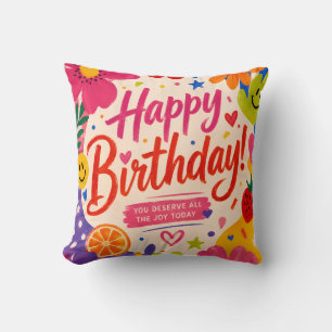 Cojín Decorativo Saludo de cumpleaños colorido y retro con flores e