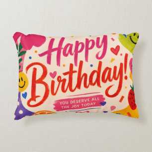 Cojín Decorativo Saludo de cumpleaños colorido y retro con flores e