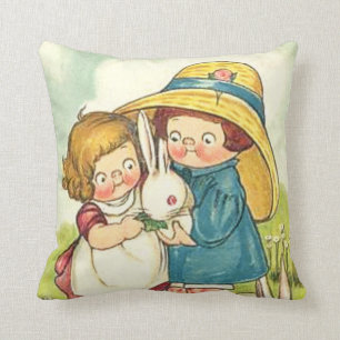 Cojín Decorativo Saludo de Pascua de los niños y de los conejos del