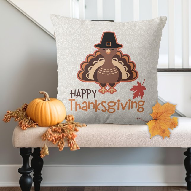 Cojín Decorativo Saludos de Acción de Gracias de Pilgrim Turkey (Pilgrim Turkey Thanksgiving Greetings Throw Pillow)