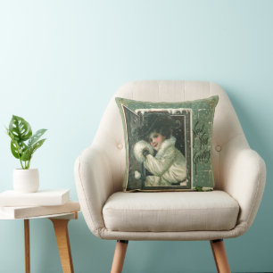 Cojín Decorativo Saludos de Año Nuevo Vintage, Chica Victoriana en 