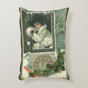 Cojín Decorativo Saludos de Año Nuevo Vintage, Ventana de niña vict