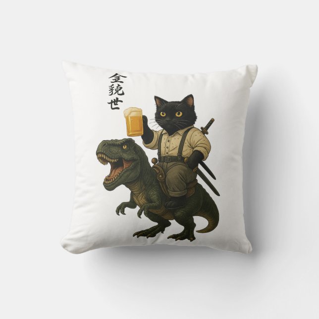 Cojín Decorativo Samurai Cat with Beer & T-Rex | Retro Japanese Art (Anverso)