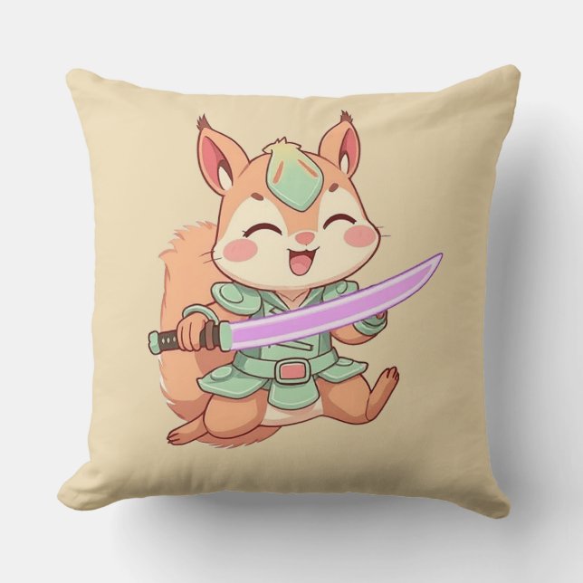 Cojín Decorativo Samurái de ardilla Kawaii. (Anverso)