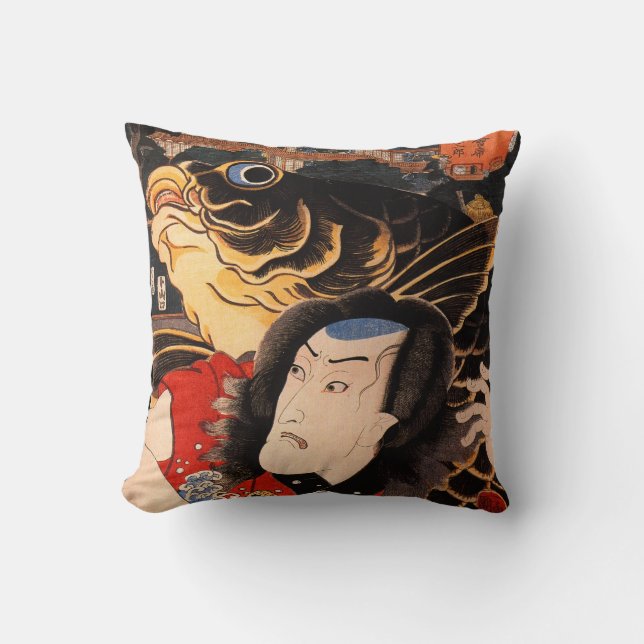 Cojín Decorativo Samurai y pescados japoneses de Koi (Anverso)