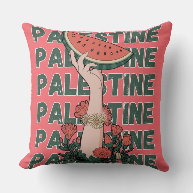 Cojín Decorativo sandía, flores y texto palestino Repetir (Anverso)