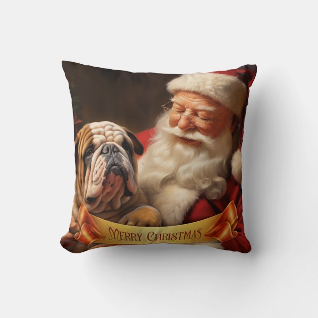 Cojín Decorativo Santa Claus con Bulldog inglés (Anverso)
