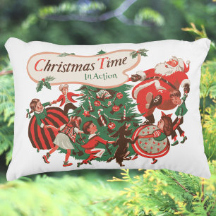 Cojín Decorativo Santa Claus de Navidad vintage y niños bailando