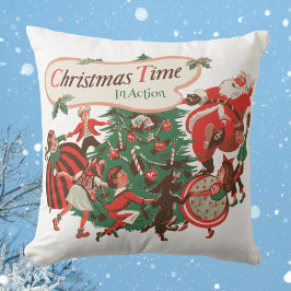 Cojín Decorativo Santa Claus de Navidad vintage y niños bailando