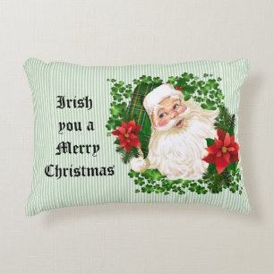 Cojín Decorativo Santa Claus irlandés raya verde poinsettia roja