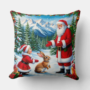 Cojín Decorativo Santa Claus y un niño conociendo a un conejo