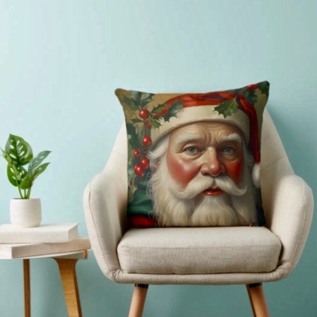 Cojín Decorativo Santa Con Muérdago (Throw Pillow 100% polyester heavyweight stretch material. Hidden zipper Made in the USA.)