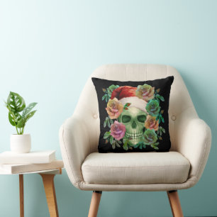 COJÍN DECORATIVO SANTA DIVERTIDO CALAVERA VERDE Y FLORAL DE NAVIDAD