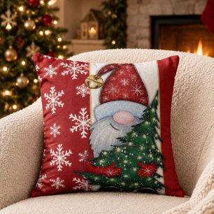 Cojín Decorativo Santa Gnomio Acuarela Rojo y Blanco
