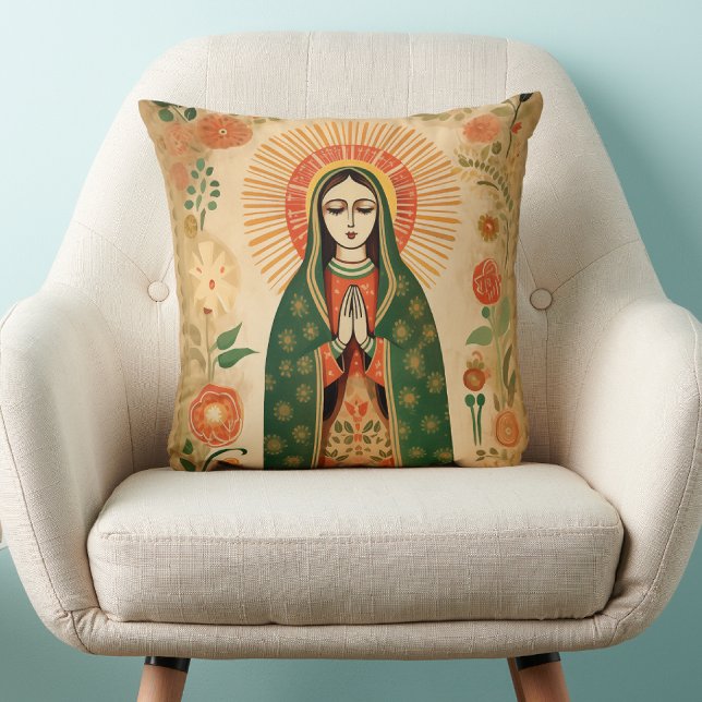 Cojín Decorativo Santa María Virgen de Arte Folclórico Español (HIspanic Mexican Folk Art )