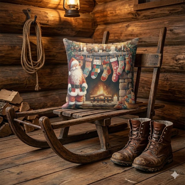 Cojín Decorativo Santa por la chimenea Navidades Stockings (Santa by Fireplace Christmas Stockings Throw Pillow Mockup C)
