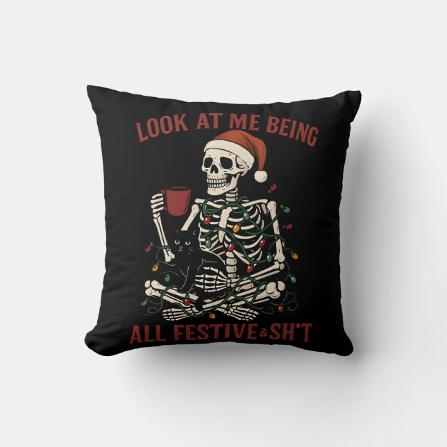Cojín Decorativo Santa Skeleton with Cat Holiday Snark (Anverso)