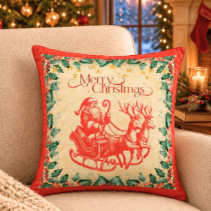 Cojín Decorativo Santa Vintage en Trineo sobre Rojo