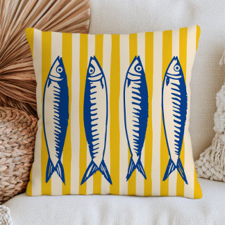 Cojín Decorativo Sardinas Azules sobre Rayas Amarillas Náutica Mode