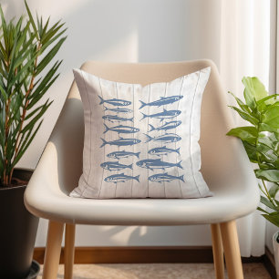 Cojín Decorativo Sardinas Azules Vida Marina Océano Náutico Madera