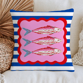 Cojín Decorativo Sardinas rosadas sobre rayas azules Bold Náutico