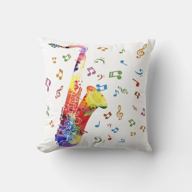 Cojín Decorativo Saxofón caprichoso de la acuarela (Anverso)