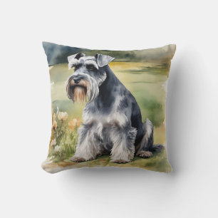 Cojín Decorativo Schnauzer en miniatura en el jardín - acuarela