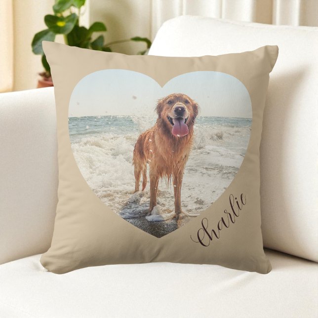 Cojín Decorativo Script Mascota Corazón Foto Moderna Personalizada  (Script Pet Heart Photo Modern Personalized Dog Throw Pillow)