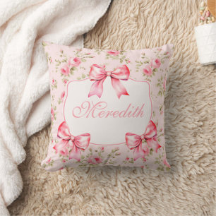 Cojín Decorativo Script Roses rosados Bow Coquette