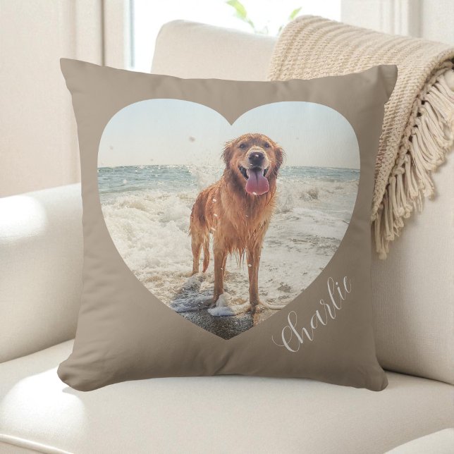 Cojín Decorativo Script Taupe Pet Heart Photo Personalized Dog (Script Taupe Pet Heart Photo Personalized Dog Throw Pillow)