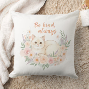 Cojín Decorativo Sé Amable, Siempre – Gato Adorable y Acuarela Flor