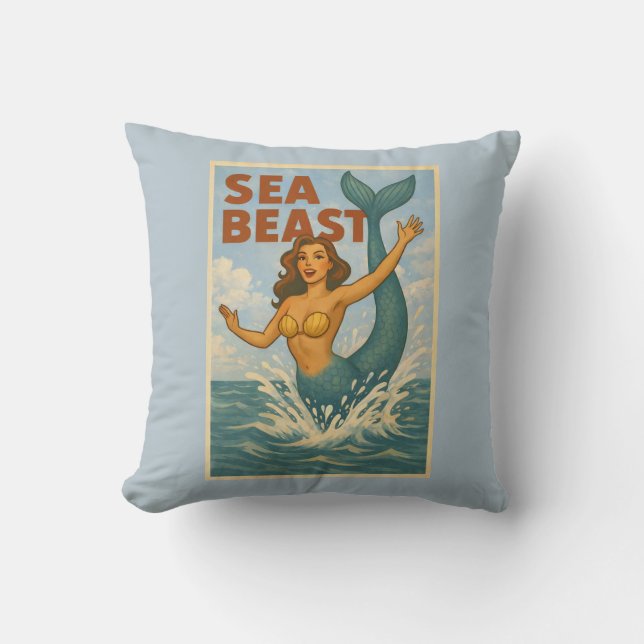 Cojín Decorativo Sea Beast Retro Mermaid | Funny Coastal Beach Blue (Anverso)
