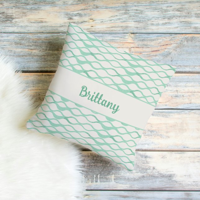 Cojín Decorativo Seafoam Green Waves Personalized Coastal Decor (Seafoam Green Teal Wave Pattern Coastal Decor Throw Pillow)