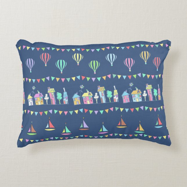 Cojín Decorativo Seaside Town Sail Boats and Bunting Pattern Blue (Anverso)