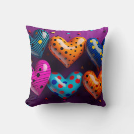 Cojín Decorativo Seis corazones 3D sobre fondo morado