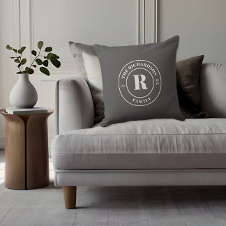 Cojín Decorativo Sello de monograma familiar de ceniza gris minimal