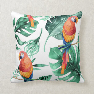 Cojín Decorativo Selva tropical verde hojas de bosque lluvioso loro