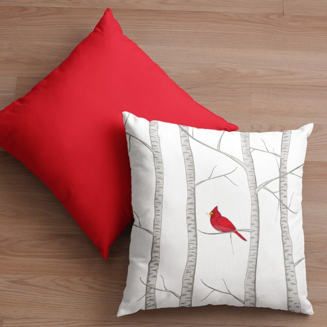 Cojín Decorativo Sencilla acuarela Woodland Red Cardinal Birch Tree (Simple red  cardinal with birch tree throw pillow)