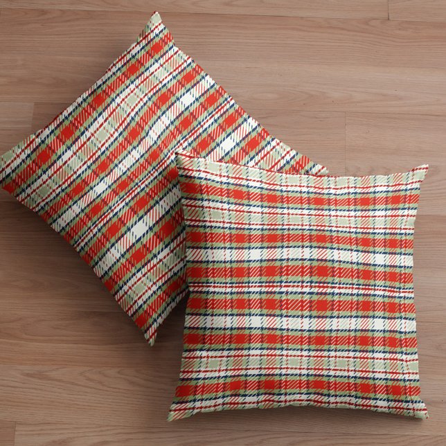 Cojín Decorativo Sencilla Placa Rusa De Festividad Rústica Cuidada  (Rustic red and green plaid simple minimalist throw pillow)